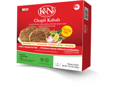 Chapli Kabab Ground chicken meat patties with fresh onions and cracked coriander seeds K&Ns